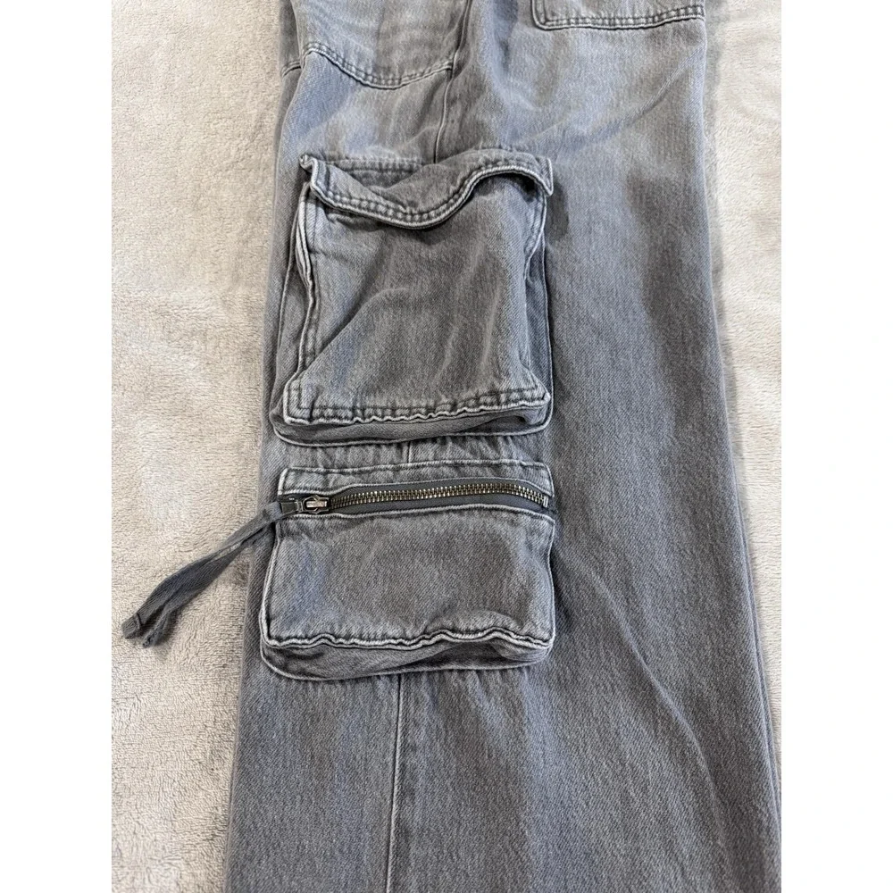 Aeropostale Gray Denim Cargo Jeans Wide Leg Baggy Multi-Pocket Elastic Waist - Picture 8 of 9